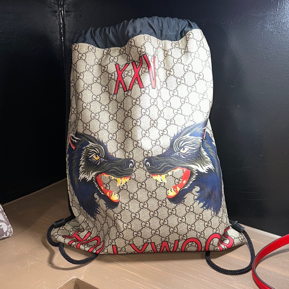 Gucci Beige and Black Wolf Graphic Backpack